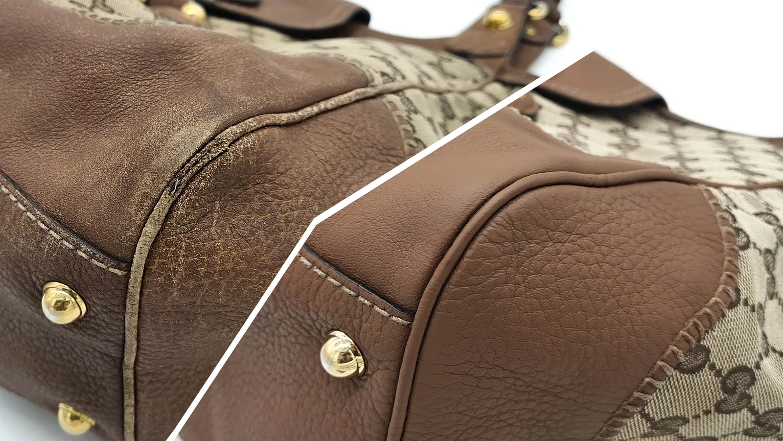 Gucci canvas bag — Damaged leather panels reconstructed