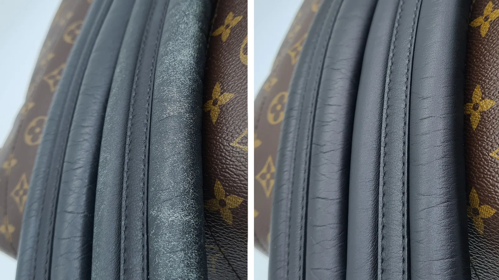 Louis Vuitton trim — Dark leather piping and worn surface