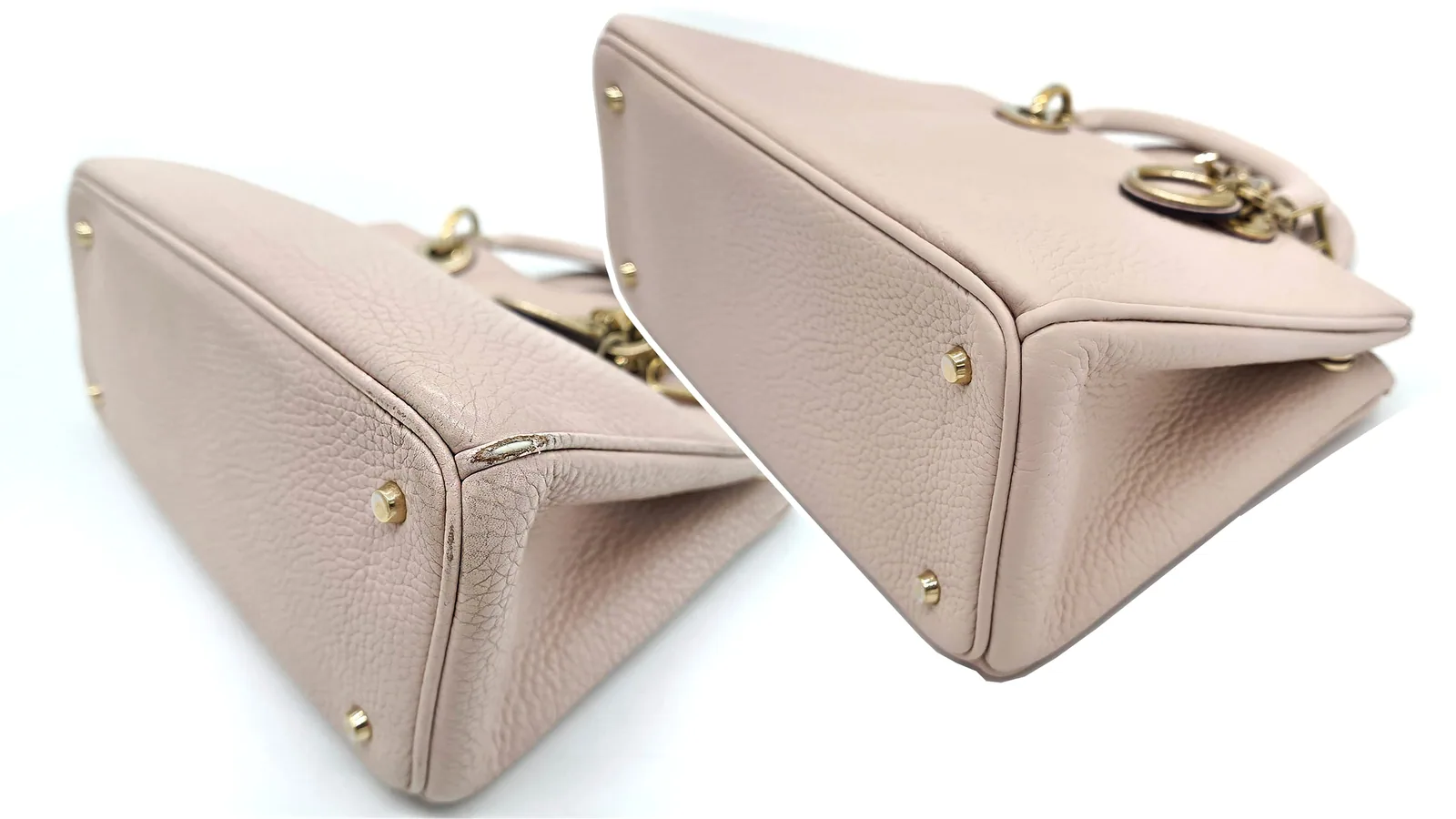 Pale leather handbag — Worn bottom corners restored